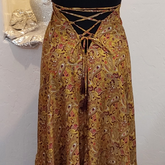 BOHEMIAN GODDESS Silk Gold, Green, Wine & Ivory Floral Maxi Dress - Picture 7 of 11